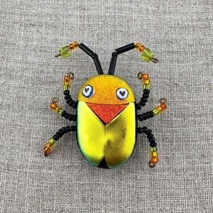 Multicolor Shimmery Dichroic Art Glass Beaded Scarab Bug Insect Brooch 1.5" OOAK